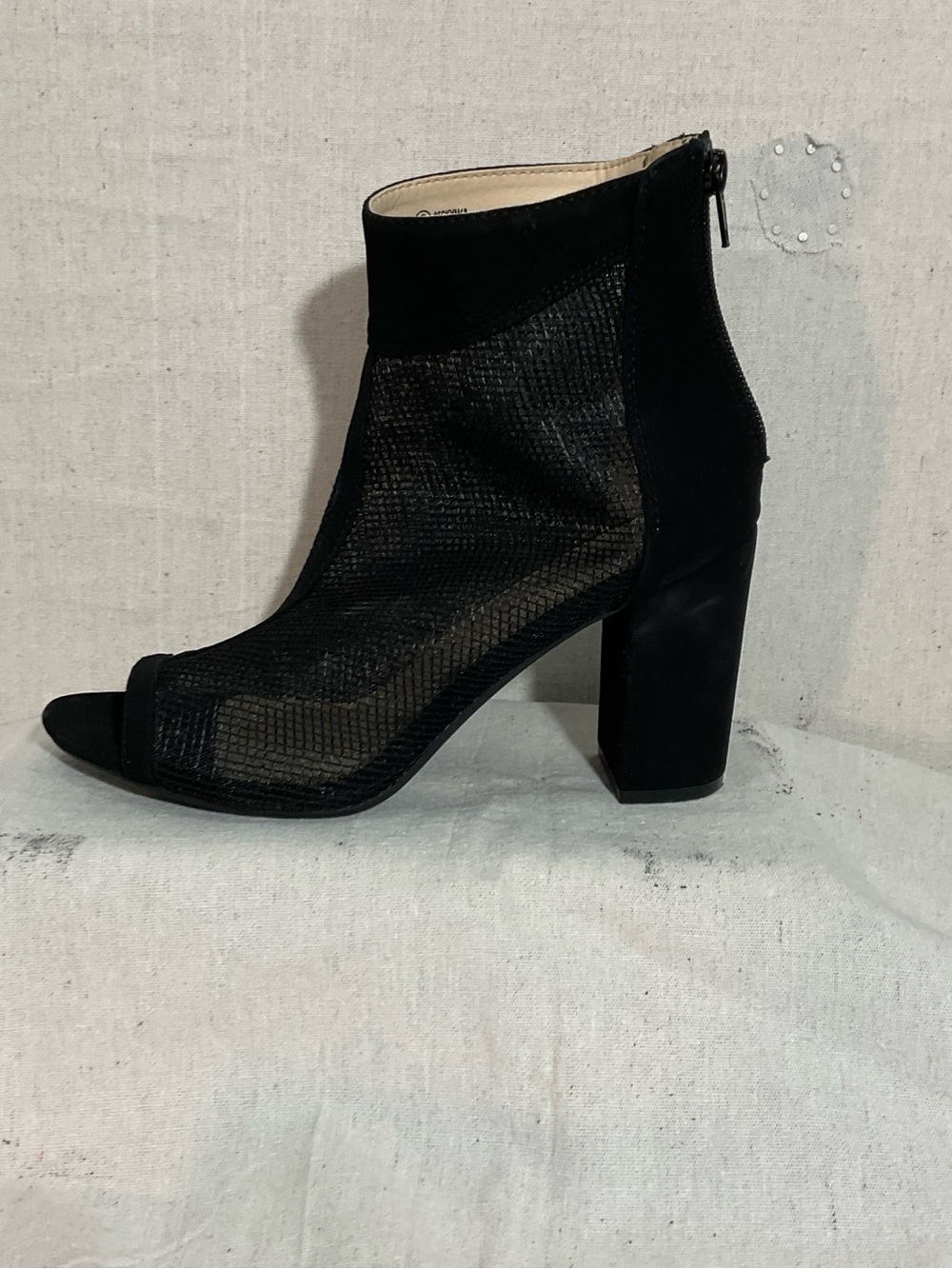 Peep-Toe Black Mesh Ankle Sandals; BLOCK Heels—8 George A+